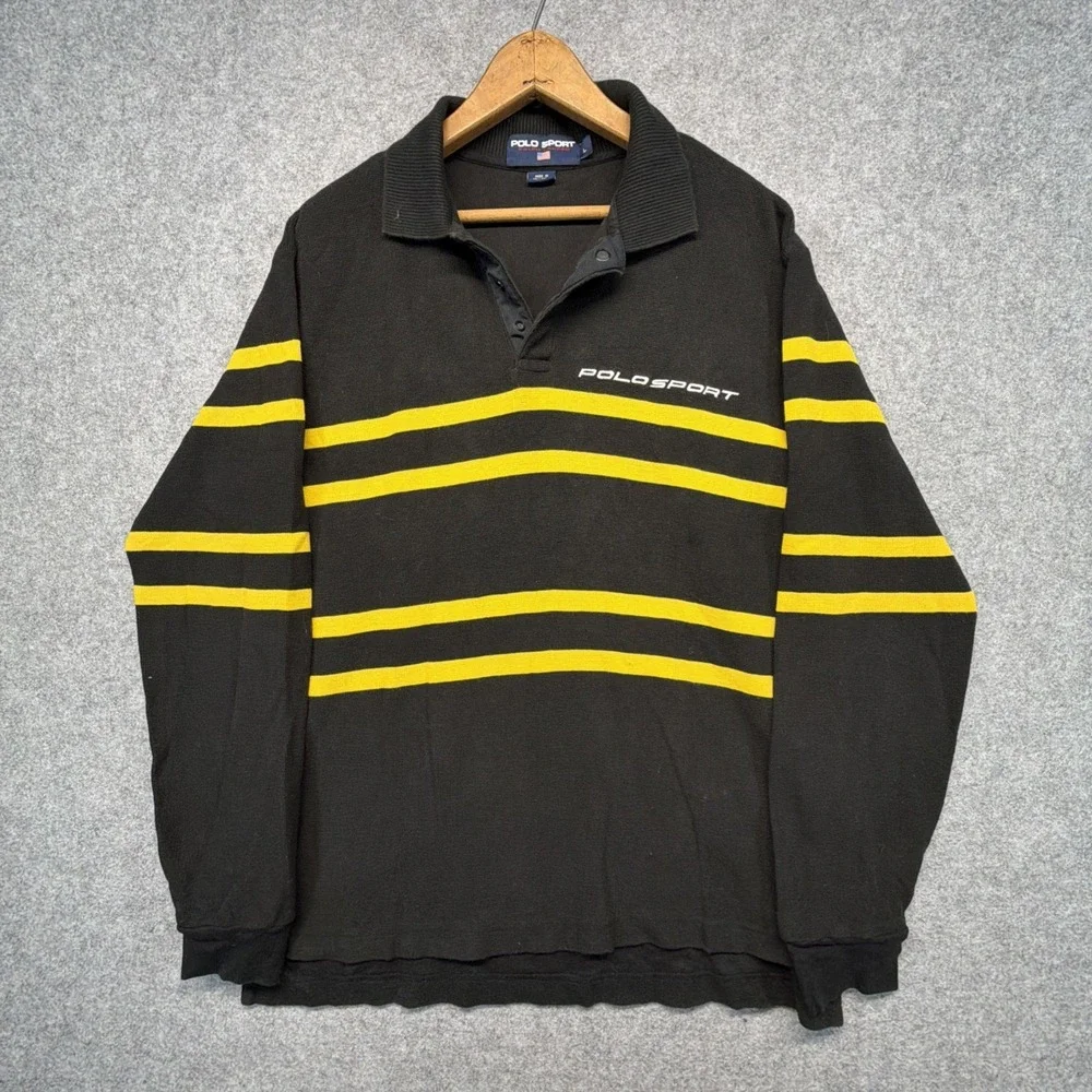 Polo Sport Ralph Lauren Knit Shirt Men Large Black Yellow Striped Long Sleeve